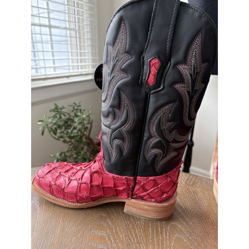 Corral Women Pink Pirarucu Fish Skin Black Leather Western Boot A4386 Square Toe - Picture 9 of 13